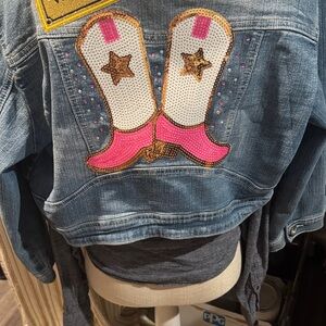 Denim Jacket with Pink and Gold Boot Design